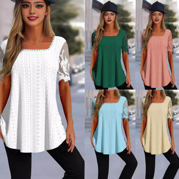 2023 Nyári Új, Határokon Átnyúló Európai és Amerikai Női Ruházat Amazon Négyzetes Galléros Póló Lyukas Üreges Csipke Ujjú Alkalmi Felső