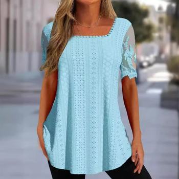 2023 Nyári Új, Határokon Átnyúló Európai és Amerikai Női Ruházat Amazon Négyzetes Galléros Póló Lyukas Üreges Csipke Ujjú Alkalmi Felső