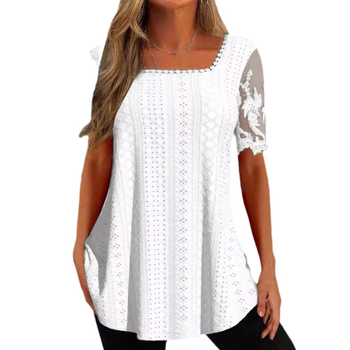 2023 Nyári Új, Határokon Átnyúló Európai és Amerikai Női Ruházat Amazon Négyzetes Galléros Póló Lyukas Üreges Csipke Ujjú Alkalmi Felső