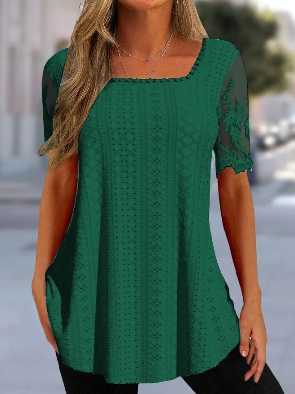 2023 Nyári Új, Határokon Átnyúló Európai és Amerikai Női Ruházat Amazon Négyzetes Galléros Póló Lyukas Üreges Csipke Ujjú Alkalmi Felső