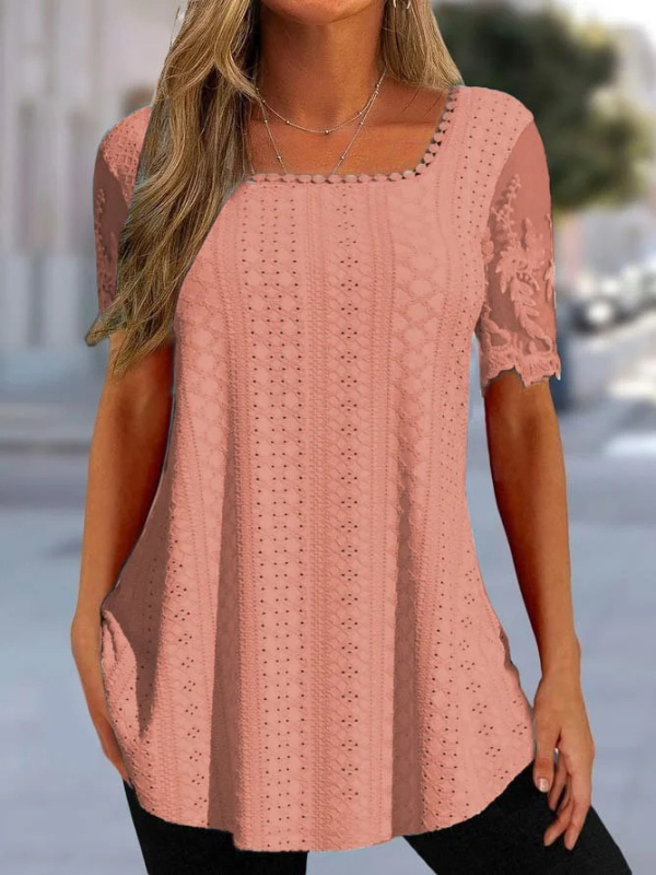 2023 Nyári Új, Határokon Átnyúló Európai és Amerikai Női Ruházat Amazon Négyzetes Galléros Póló Lyukas Üreges Csipke Ujjú Alkalmi Felső
