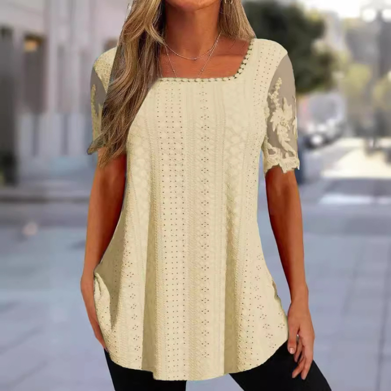 2023 Nyári Új, Határokon Átnyúló Európai és Amerikai Női Ruházat Amazon Négyzetes Galléros Póló Lyukas Üreges Csipke Ujjú Alkalmi Felső
