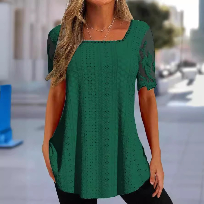 2023 Nyári Új, Határokon Átnyúló Európai és Amerikai Női Ruházat Amazon Négyzetes Galléros Póló Lyukas Üreges Csipke Ujjú Alkalmi Felső