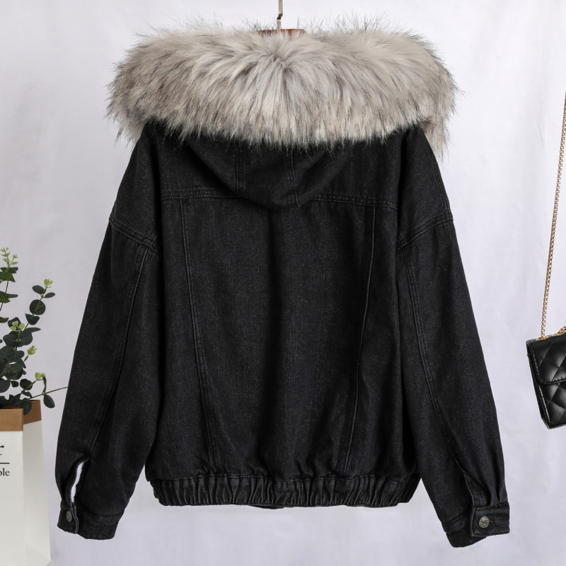 Real Shot Winter uus paksendatud plüüskraega teksajakk lahtine lühike sametist lambavillast puuvillapolsterdatud jakk naistele