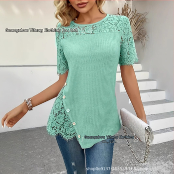 Női divatos elegáns lezser póló kötött egyszínű félig átlátszó hímzett csipke egyszínű kerek nyakú rövid ujjú női felső