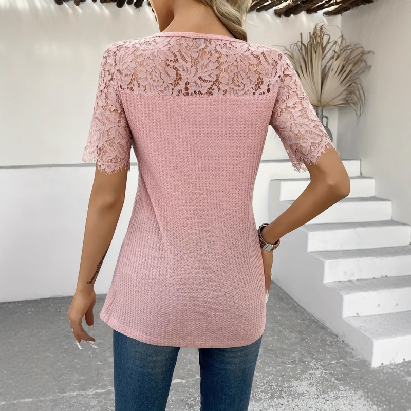 Női divatos elegáns lezser póló kötött egyszínű félig átlátszó hímzett csipke egyszínű kerek nyakú rövid ujjú női felső