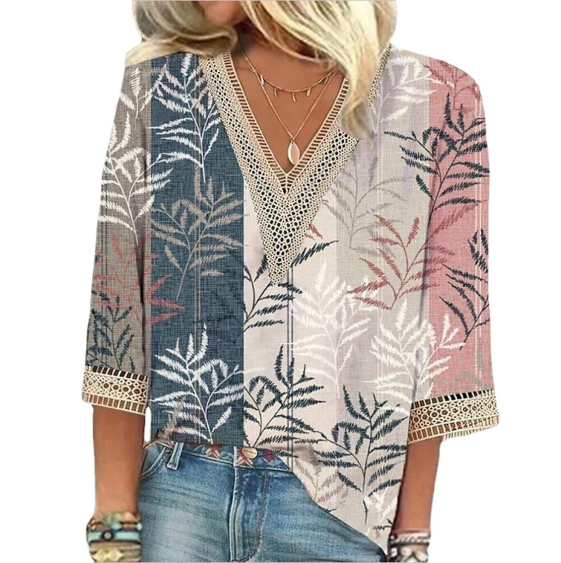 2023-as európai és amerikai határokon átnyúló kívánság Független Állomás Nyári Női V-nyakú Csipkenyomatos Laza Ing Felső