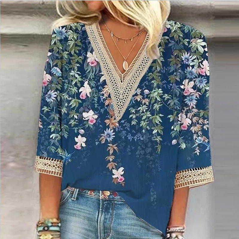2023-as európai és amerikai határokon átnyúló kívánság Független Állomás Nyári Női V-nyakú Csipkenyomatos Laza Ing Felső