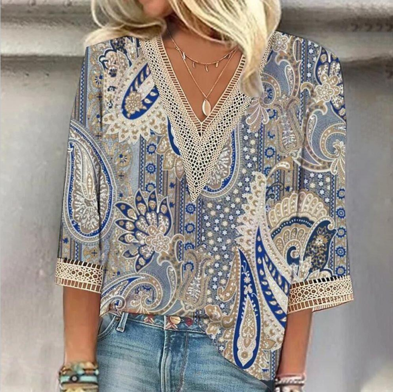 2023-as európai és amerikai határokon átnyúló kívánság Független Állomás Nyári Női V-nyakú Csipkenyomatos Laza Ing Felső