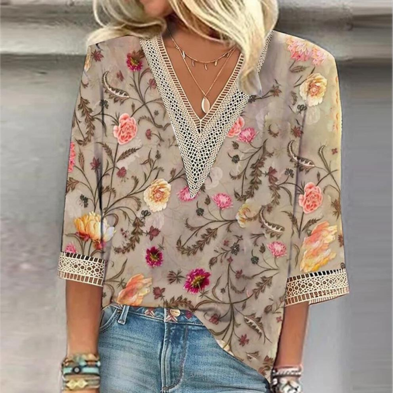 2023-as európai és amerikai határokon átnyúló kívánság Független Állomás Nyári Női V-nyakú Csipkenyomatos Laza Ing Felső