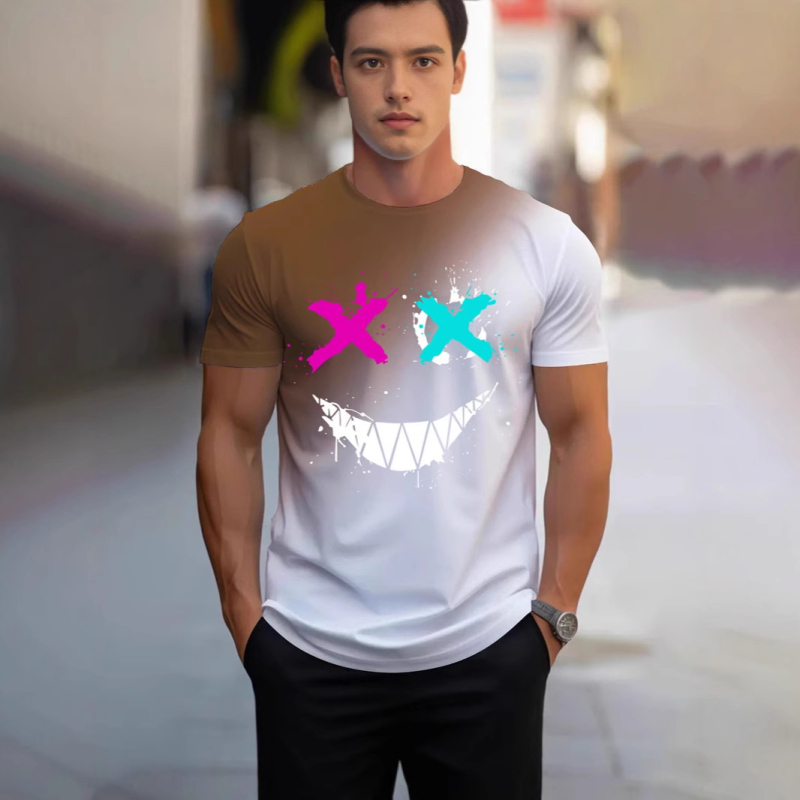 Amazonon elkelt digitális 3D nyomtatású férfi laza, plus size, kereknyakú, mosolygós póló