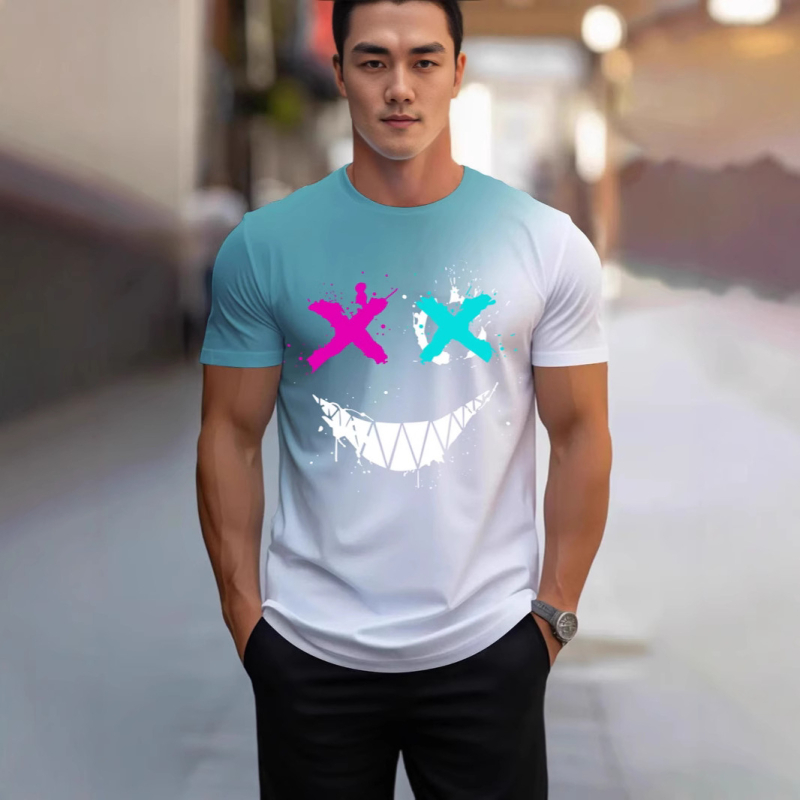 Amazonon elkelt digitális 3D nyomtatású férfi laza, plus size, kereknyakú, mosolygós póló