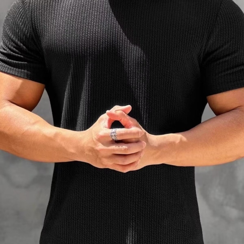 Férfi rövid ujjú, rugalmas, gyorsan száradó, amerikai stílusú futóruha, edzőruha, kosárlabda, fitneszruha, rövid ujjú, kerek nyakú, testhezálló felső.