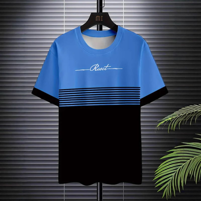 2025-ös nyári új, kerek nyakú, divatos, 3D digitális nyomtatású, csíkos, férfi alkalmi, minden mérkőzésre alkalmas, rövid ujjú felső