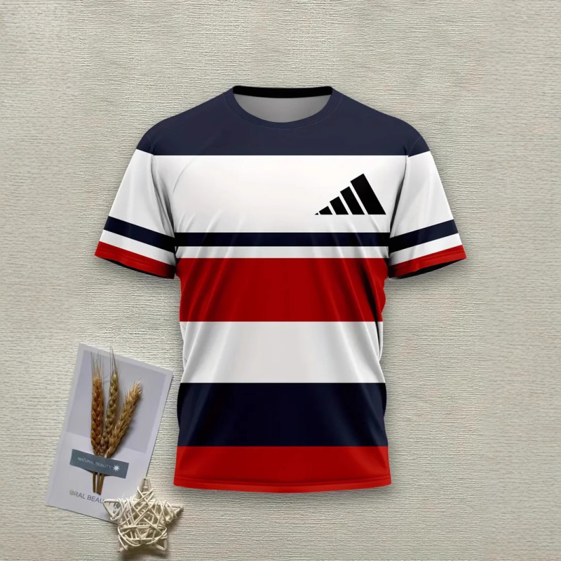 2025-ös nyári új, kerek nyakú, divatos, 3D digitális nyomtatású, csíkos, férfi alkalmi, minden mérkőzésre alkalmas, rövid ujjú felső