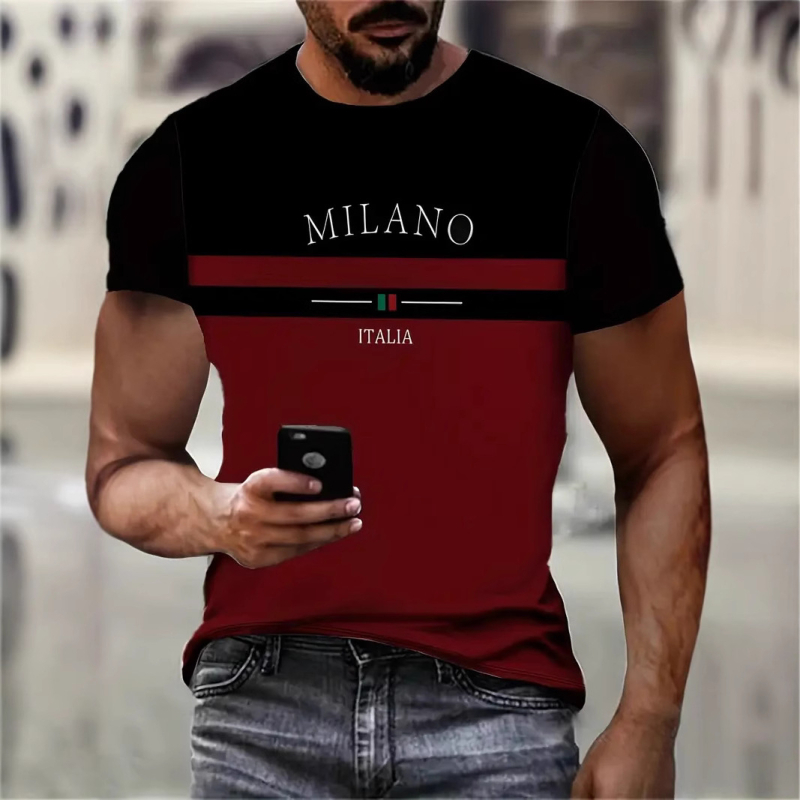 2025-ös nyári új, kerek nyakú, divatos, 3D digitális nyomtatású, csíkos, férfi alkalmi, minden mérkőzésre alkalmas, rövid ujjú felső