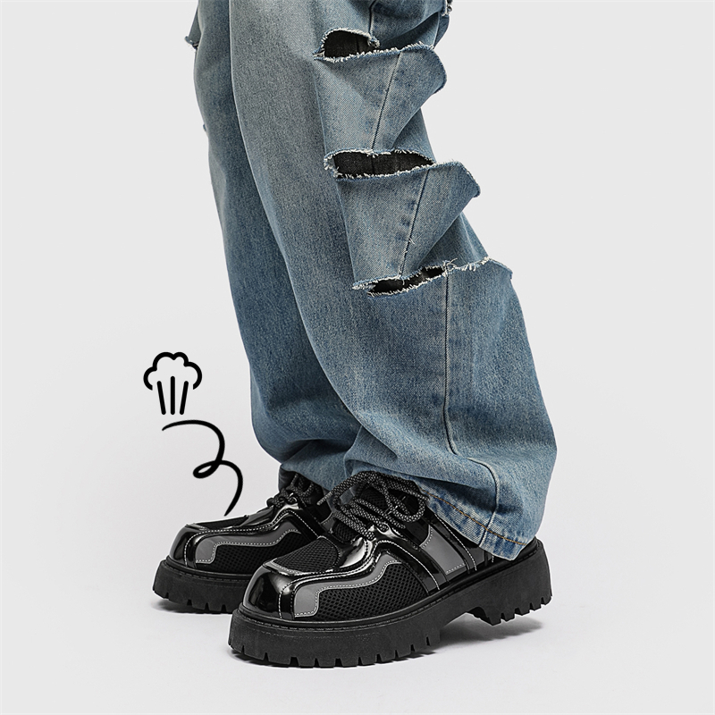 Vyriški pavasariniai laisvalaikio bateliai su didelėmis pirštais, odiniai, storu padu, padidinto padu, juodi, madingi, retro stiliaus bateliai.