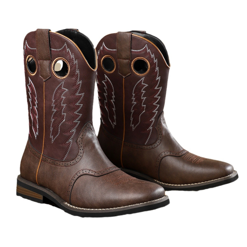 Класически каубойски ботуши в западен стил, винтидж бродирани кожени ботуши, ежедневни рицарски ботуши, стилни каубойски ботуши в американски стил