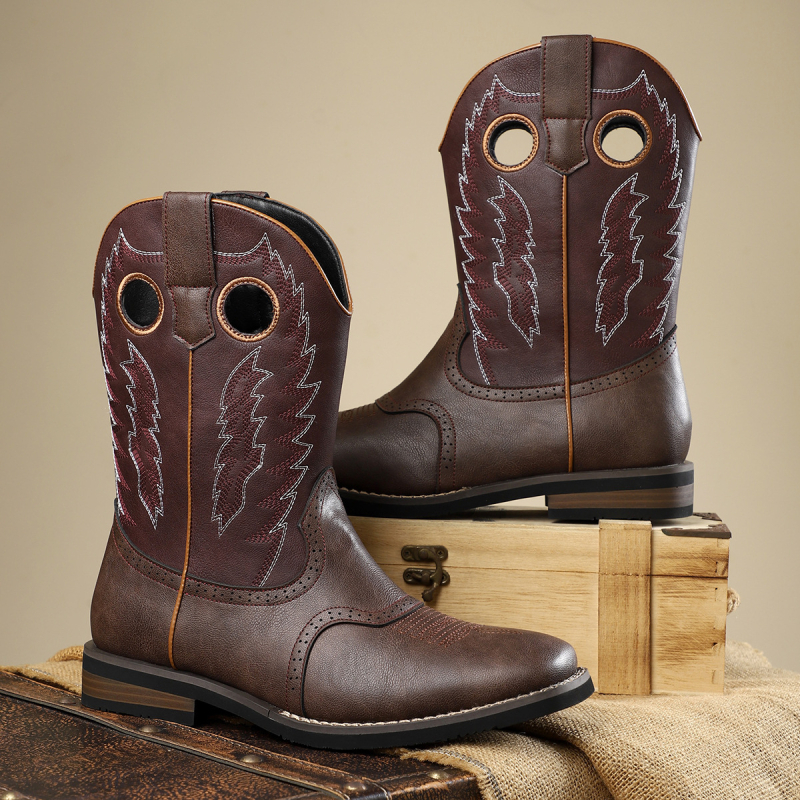 Класически каубойски ботуши в западен стил, винтидж бродирани кожени ботуши, ежедневни рицарски ботуши, стилни каубойски ботуши в американски стил