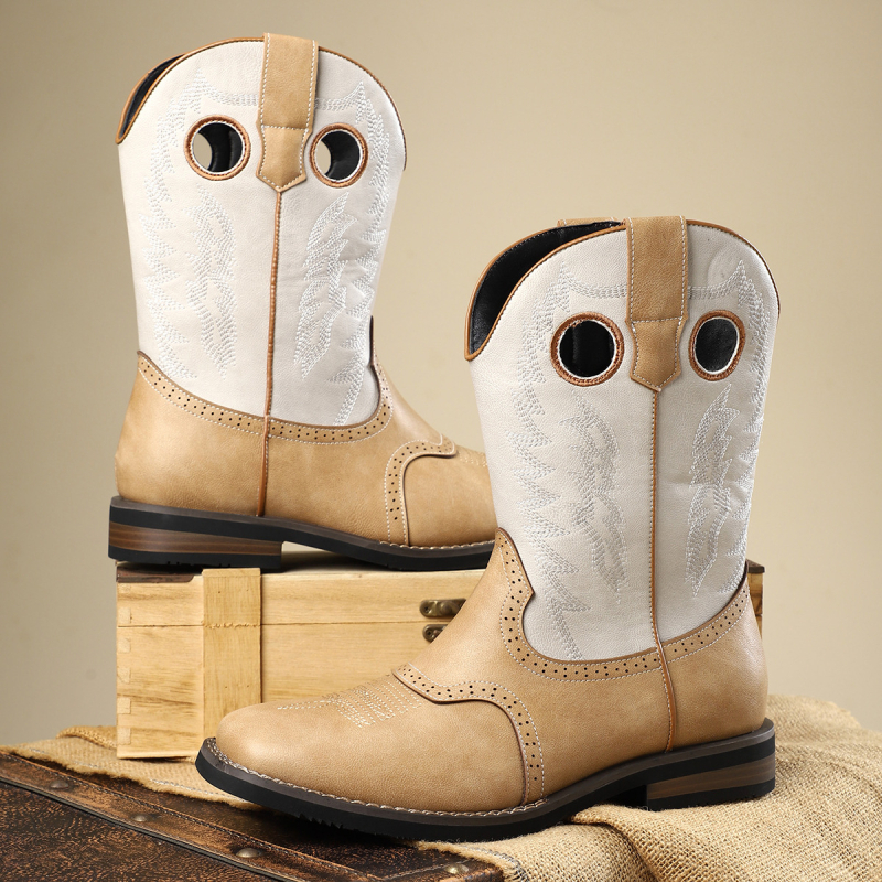 Класически каубойски ботуши в западен стил, винтидж бродирани кожени ботуши, ежедневни рицарски ботуши, стилни каубойски ботуши в американски стил