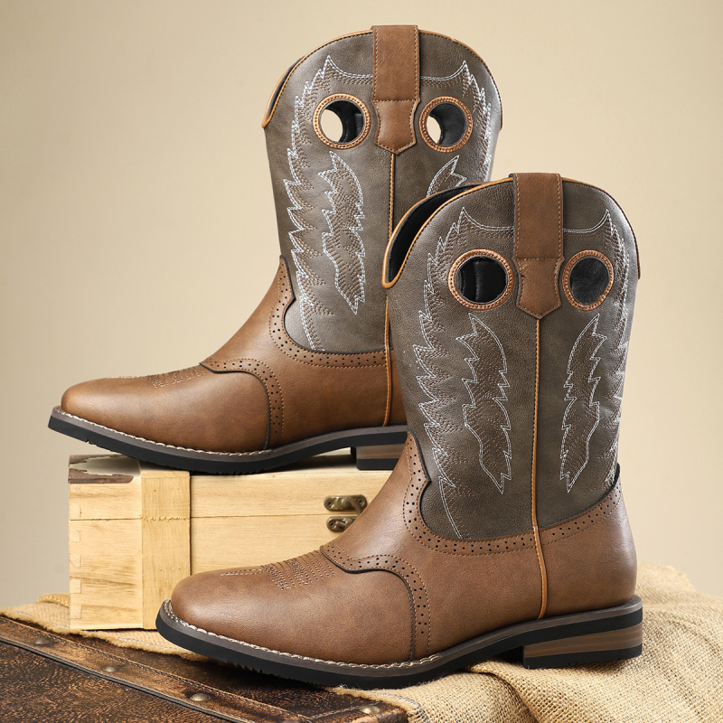 Класически каубойски ботуши в западен стил, винтидж бродирани кожени ботуши, ежедневни рицарски ботуши, стилни каубойски ботуши в американски стил