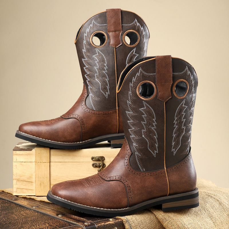 Класически каубойски ботуши в западен стил, винтидж бродирани кожени ботуши, ежедневни рицарски ботуши, стилни каубойски ботуши в американски стил