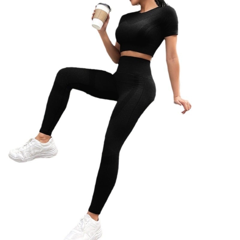 Costum de yoga cu mânecă scurtă, fără cusături, cu dungi, fără sudură, pentru sporturi în aer liber, respirabil, colanți la șold, costum de fitness pentru femei
