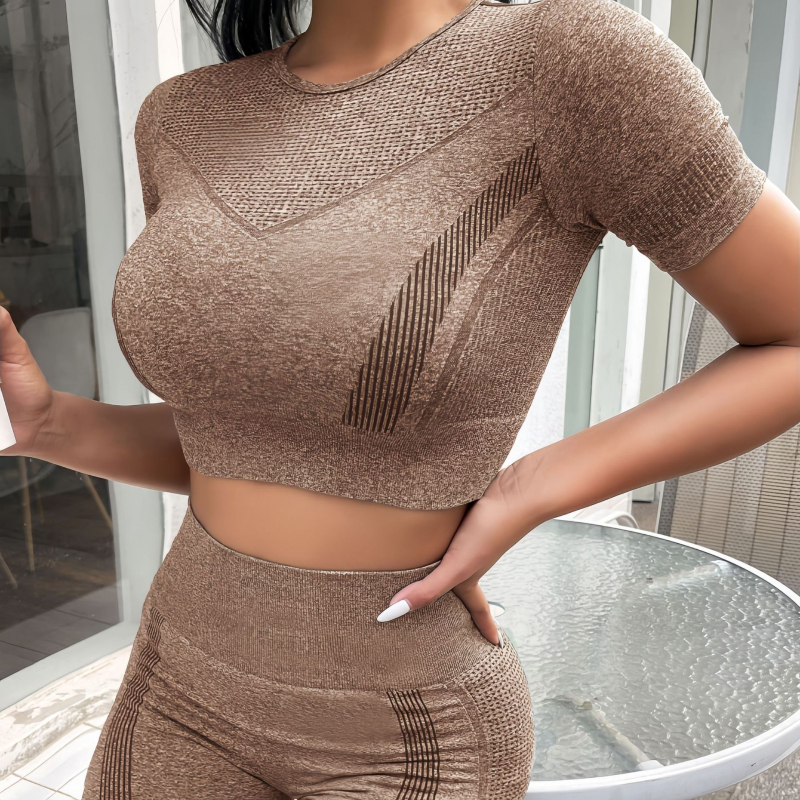 Besiūlės dryžuotos trumpomis rankovėmis kelnės jogos kostiumas lauko sportui kvėpuojančios viršutinės klubų tamprės fitneso kostiumas moterims