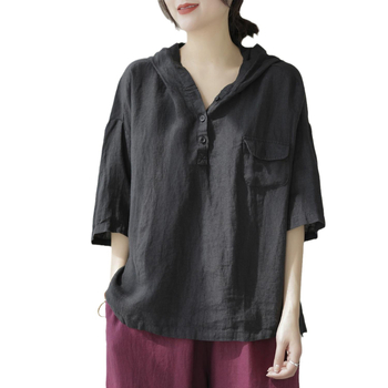 Rövid ujjú, 2023-as nyári új pamut és lenvászon női kapucnis felső, laza, egyszerű, retró, művészi, karcsúsító női póló