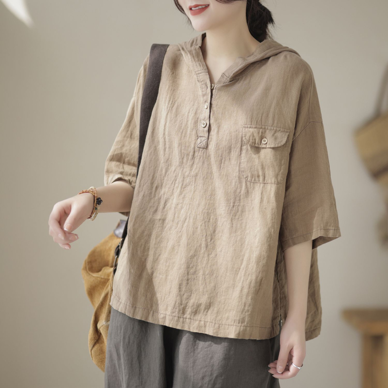 Rövid ujjú, 2023-as nyári új pamut és lenvászon női kapucnis felső, laza, egyszerű, retró, művészi, karcsúsító női póló