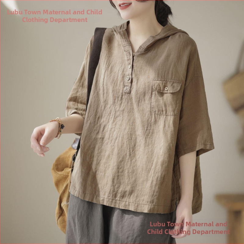 Dámske tričko s krátkym rukávom, letné 2023, bavlnené a ľanové, voľné, jednoduché, retro, umelecké, sťahujúce