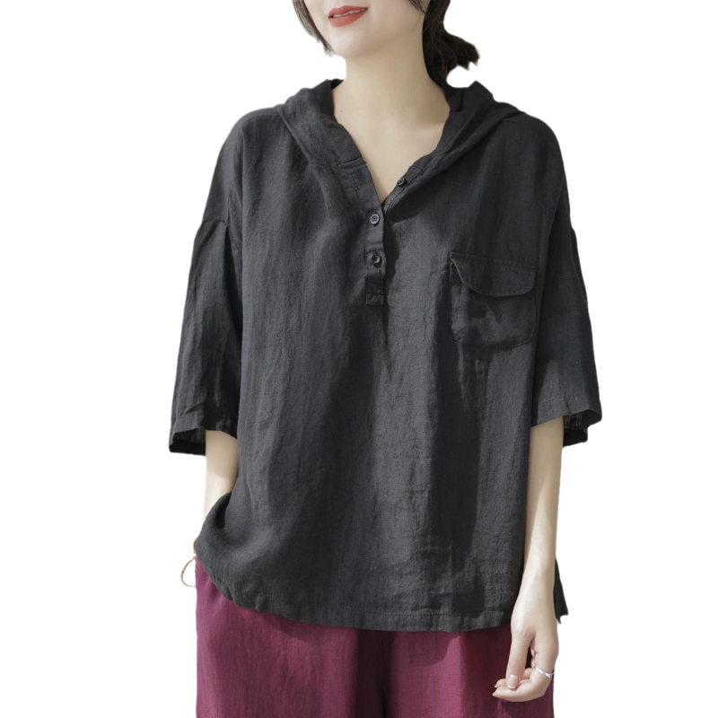 Rövid ujjú, 2023-as nyári új pamut és lenvászon női kapucnis felső, laza, egyszerű, retró, művészi, karcsúsító női póló
