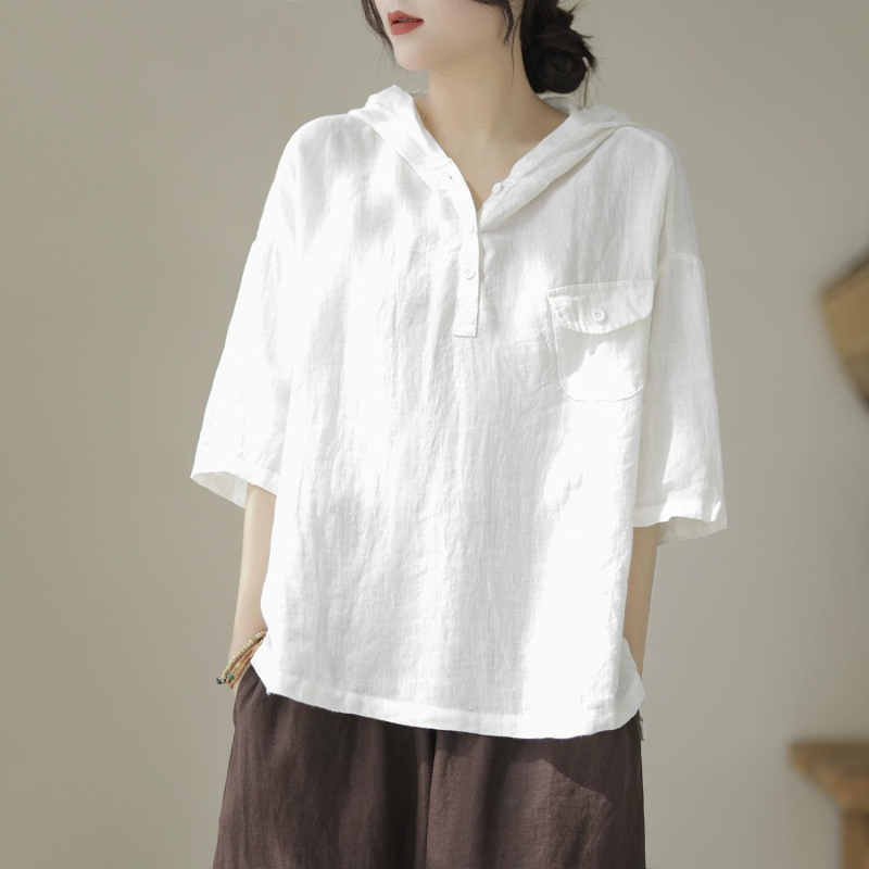 Rövid ujjú, 2023-as nyári új pamut és lenvászon női kapucnis felső, laza, egyszerű, retró, művészi, karcsúsító női póló