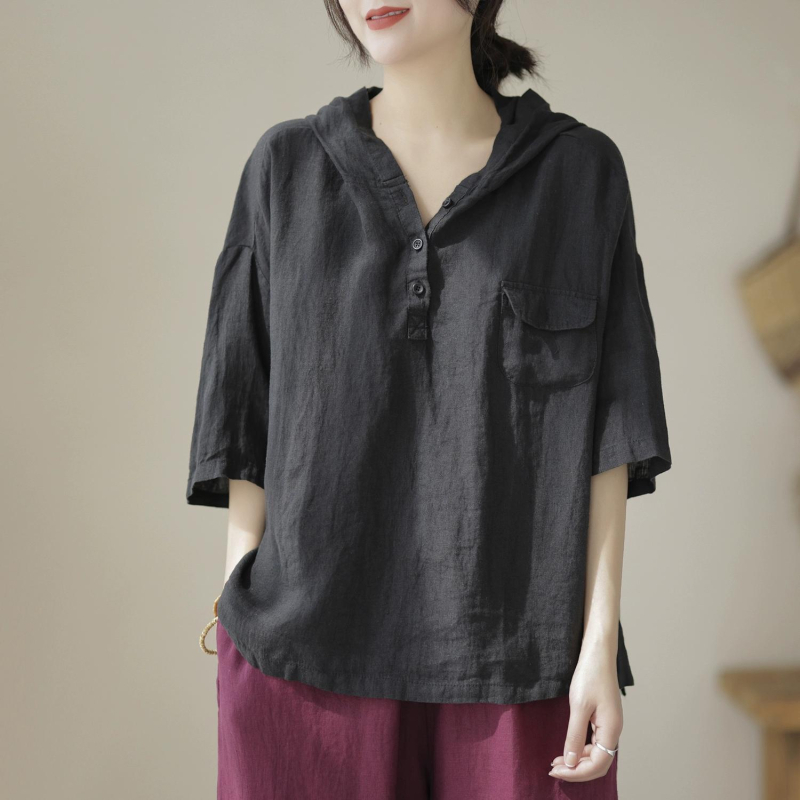 Rövid ujjú, 2023-as nyári új pamut és lenvászon női kapucnis felső, laza, egyszerű, retró, művészi, karcsúsító női póló