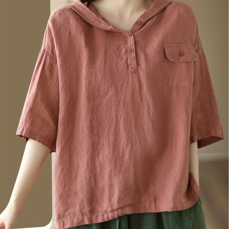 Rövid ujjú, 2023-as nyári új pamut és lenvászon női kapucnis felső, laza, egyszerű, retró, művészi, karcsúsító női póló