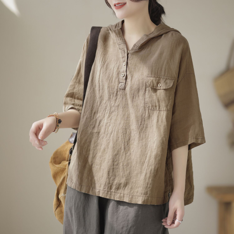 Rövid ujjú, 2023-as nyári új pamut és lenvászon női kapucnis felső, laza, egyszerű, retró, művészi, karcsúsító női póló