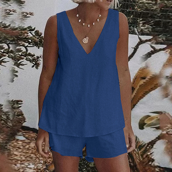 Καλοκαιρινό απλό, casual κοστούμι σε καθαρό χρώμα 2025, σορτς με λάστιχο στη μέση, σετ δύο τεμαχίων, ευρωπαϊκά και αμερικανικά, μεγάλα μεγέθη, γυναικεία ρούχα