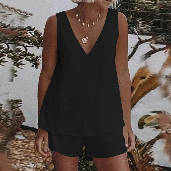 Letné 2025 Čistofarebné Jednoduché Neformálne Oblečenie Elastické Pásové Šortky Dvojdielna Súprava Cezhraničné Európske a Americké Dámske Oblečenie Plus Size