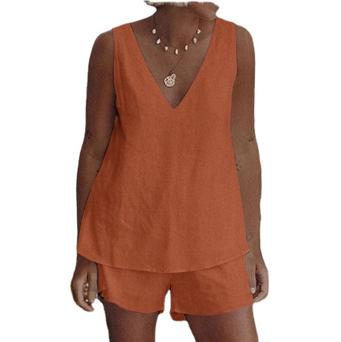 Letné 2025 Čistofarebné Jednoduché Neformálne Oblečenie Elastické Pásové Šortky Dvojdielna Súprava Cezhraničné Európske a Americké Dámske Oblečenie Plus Size