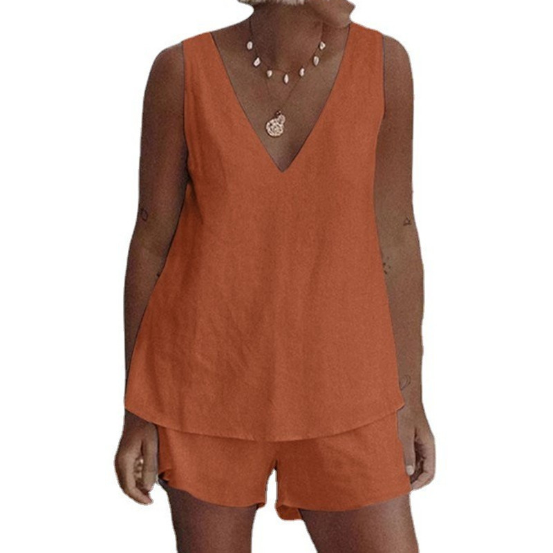 Letné 2025 Čistofarebné Jednoduché Neformálne Oblečenie Elastické Pásové Šortky Dvojdielna Súprava Cezhraničné Európske a Americké Dámske Oblečenie Plus Size