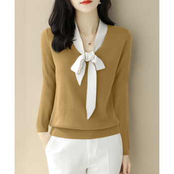 Pulover tricotat cu mânecă lungă și fundă cu decolteu în V pentru femei, toamna și iarna 2024, top de bază asortat, pentru femei