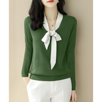 Pulover tricotat cu mânecă lungă și fundă cu decolteu în V pentru femei, toamna și iarna 2024, top de bază asortat, pentru femei