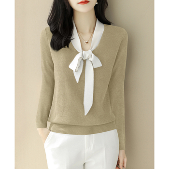 Pulover tricotat cu mânecă lungă și fundă cu decolteu în V pentru femei, toamna și iarna 2024, top de bază asortat, pentru femei