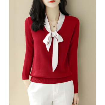 Pulover tricotat cu mânecă lungă și fundă cu decolteu în V pentru femei, toamna și iarna 2024, top de bază asortat, pentru femei