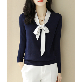 Pulover tricotat cu mânecă lungă și fundă cu decolteu în V pentru femei, toamna și iarna 2024, top de bază asortat, pentru femei