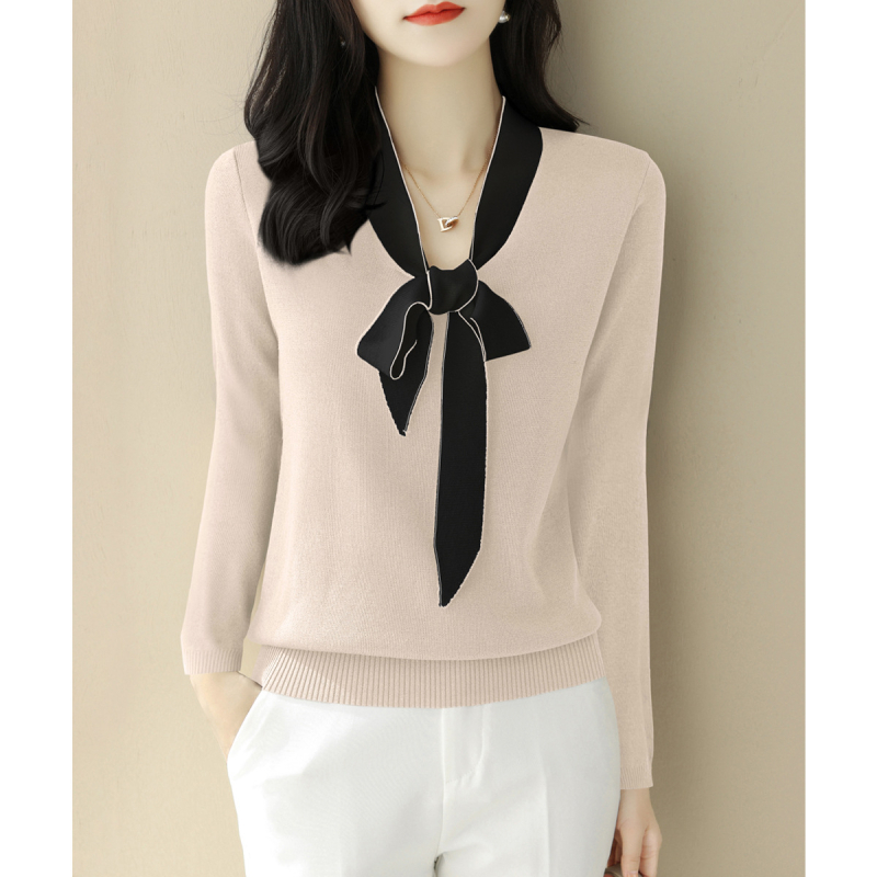 Pulover tricotat cu mânecă lungă și fundă cu decolteu în V pentru femei, toamna și iarna 2024, top de bază asortat, pentru femei