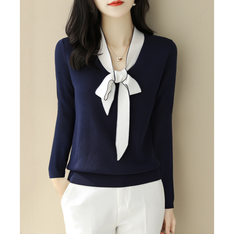 Pulover tricotat cu mânecă lungă și fundă cu decolteu în V pentru femei, toamna și iarna 2024, top de bază asortat, pentru femei