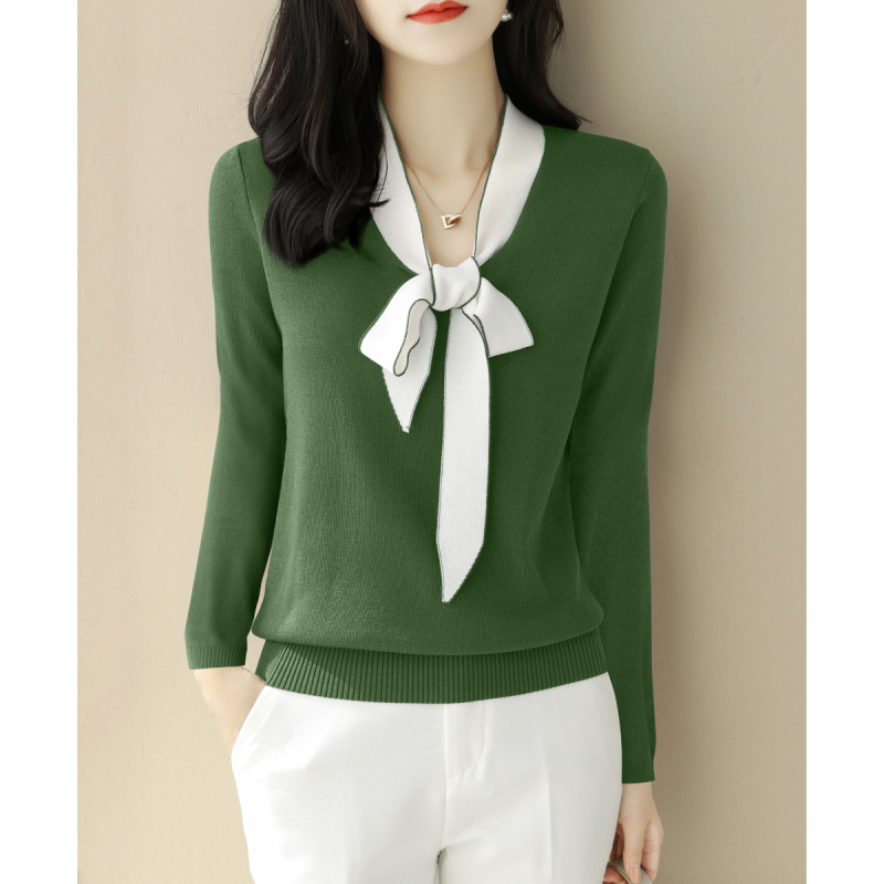 Pulover tricotat cu mânecă lungă și fundă cu decolteu în V pentru femei, toamna și iarna 2024, top de bază asortat, pentru femei