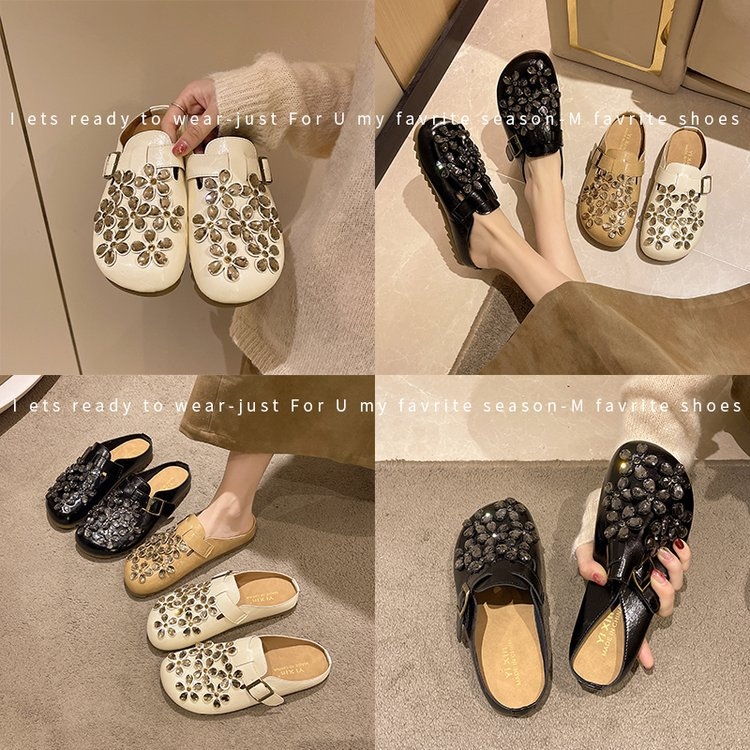 Strasszos gyöngyös bojtos női papucs, 2025 tavaszi és nyári új, édes, puha, lapos talpú papucs
