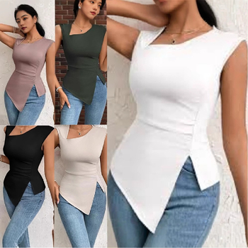 Határokon átnyúló 2025 Amazon női európai és amerikai új, szabálytalan, szellőző szegélyű, ferde gallérú, karcsúsított, rövid, egyszínű, ujjatlan ruha